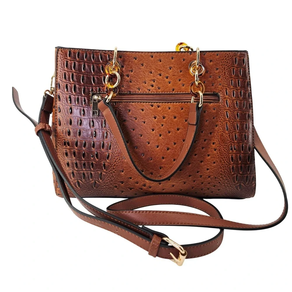 Brown‎ Croc Ostrich Embossed Satchel Handbag Crossbody Gold Chain Link Strap